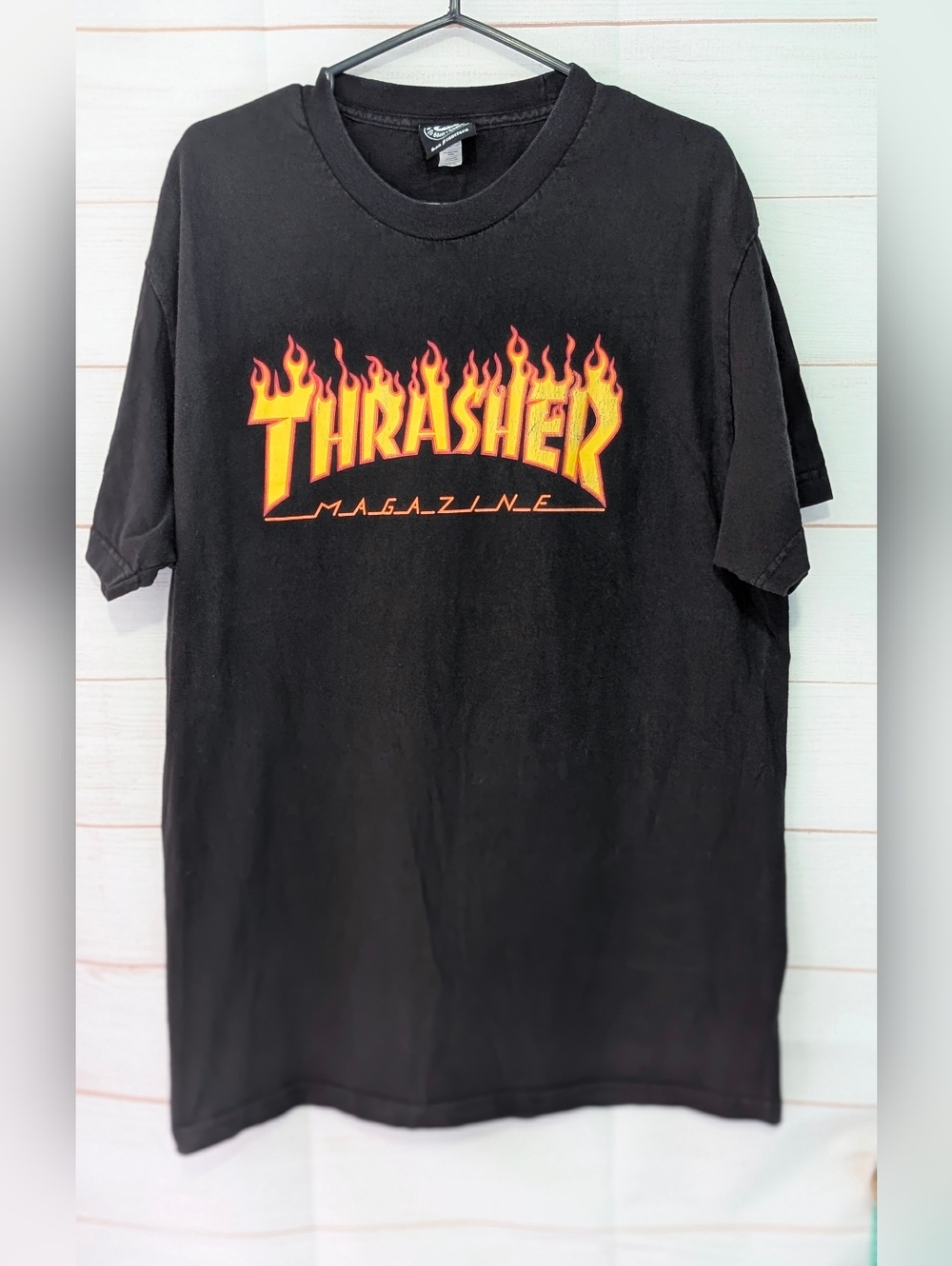 Thrasher Black Short-Sleeve Tee with Yellow-Orange Flame Logo Size Large